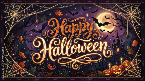 A Halloween scene featuring a large moon in the background, with pumpkins, spiders, cobwebs, and a flock of bats circling around