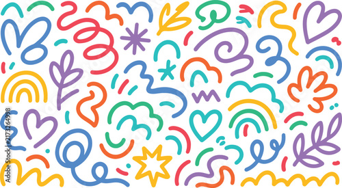 Colorful abstract doodle seamless pattern vector collection. fun hand drawn creative shapes and scribbles for playful graphic assets.