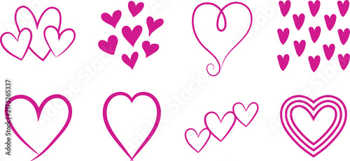 Hand drawn pink heart icon set for romance and valentine design projects. simple vector elements for love, passion, and decorative graphic art.