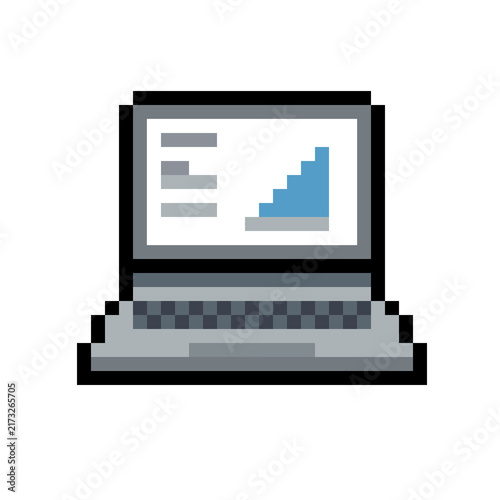 Pixel art laptop displaying growth chart and dashboard illustration