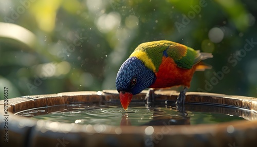 Beautiful colorful lovebird drinking fresh water from a natural wooden bird bath, surrounded by soft green forest background and warm sunlight.