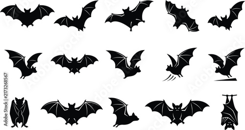 black bats flying and hanging in various poses for Halloween