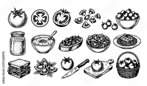 SEO Title:
Hand Drawn Tomato Food Cooking Salad Sauce and Vegetable Sketch Vector Set