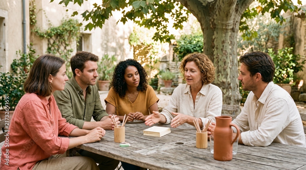 Obraz premium Facilitator leads a courtyard workshop under tree shade