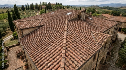 Aerial View of an Ancient Terracotta Tiled Roof Overlooking the Scenic Tuscan Countryside