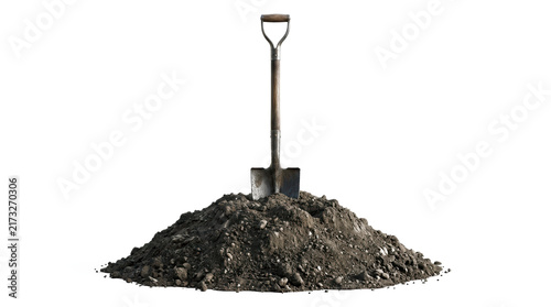 Shovel in a pile of soil on a transparent background for gardening and construction design elements