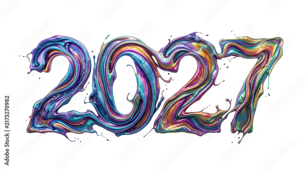 Obraz premium Colorful liquid 2027 typography with flowing paint effects on a transparent background for futuristic banner design