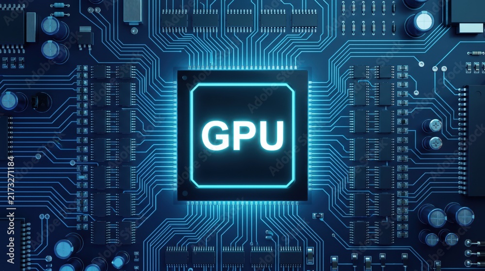Fototapeta premium Futuristic glowing GPU processor chip on blue circuit board background