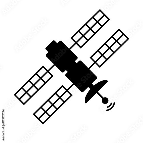Minimalist Line Art Space Satellite Icon with Solar Panels and Dish Antenna for Satellite Communication and Technology Concept