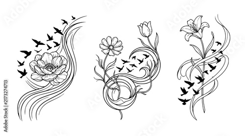 Artistic Blooming Flowers Abstract Waves and Bird Silhouette Black Vector Art Set