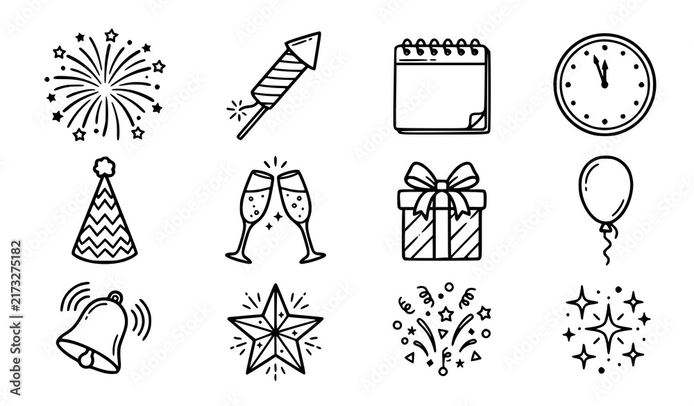 Fototapeta premium Celebration Icons Set with Fireworks, Gifts, and Party Elements. Festive Design Illustration