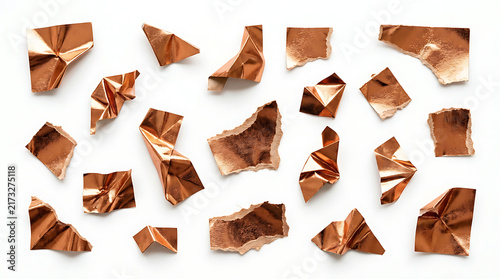 Set of broken copper foil paper pieces on surface