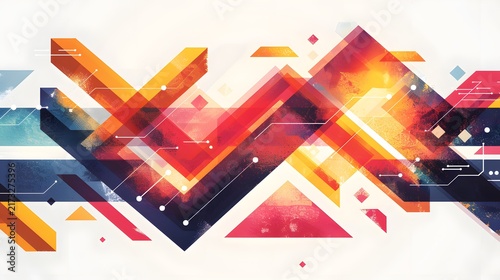 Vibrant abstract geometric background featuring colorful angular shapes and circuit lines for dynamic tech branding.