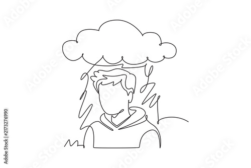 The young man felt very sad and alone.Mental health concept.Single line draw design.Vector graphic illustration