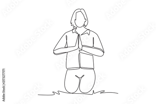Young woman meditating while sitting on floor.Mental health concept.Single line draw design.Vector graphic illustration