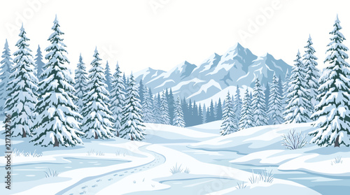 Photography Frozen Winter Pine Forest Covered with Heavy Snow and Frosty Branches Against Sn
