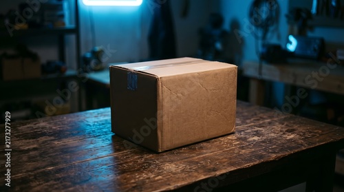 Cardboard parcel box resting on a rustic wooden table in a dimly lit workshop with parcel delivery shipping package workshop interior