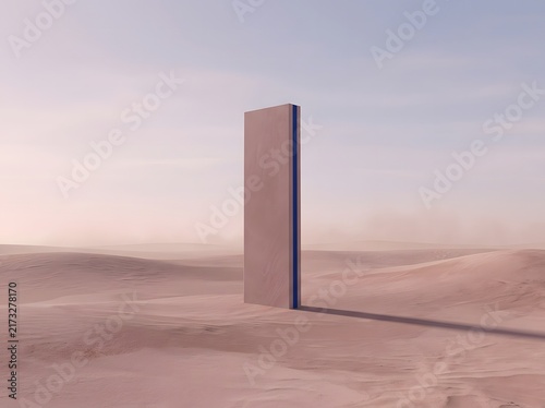 Minimalist monolith standing in a vast desert landscape under a clear sky