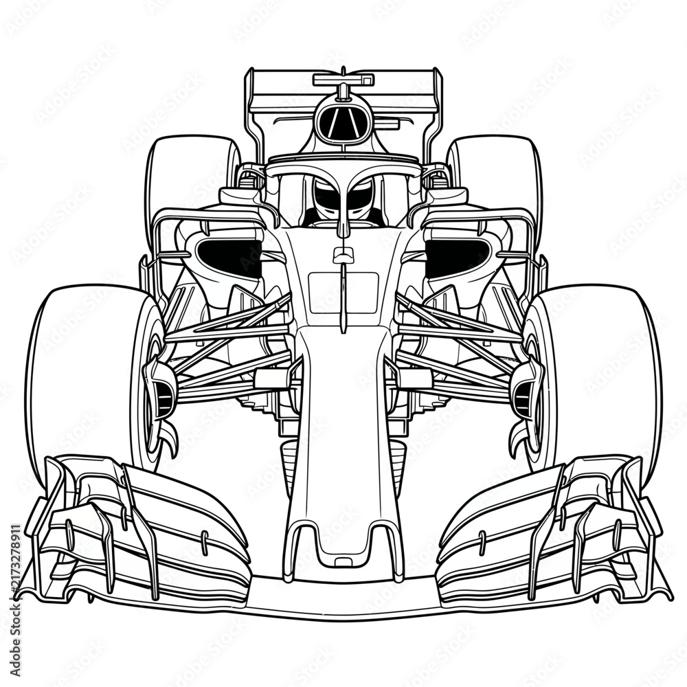 Obraz premium Front View Line Art Illustration of a Modern Formula Racing Car with Driver in Cockpit, Featuring Aerodynamic Wings, Halo Safety System, and Wide Performance Tires on White Background