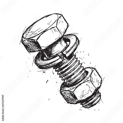 Bild auf Leinwand Hand-drawn sketch of a bolt nut and washer assembly.