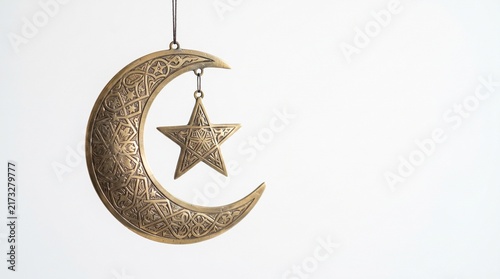 Ornate Brass Crescent Moon Ornament Isolated on White Background