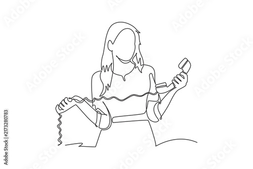 Confused young woman with bad news on the phone.Unexpected moment concept.Single line draw design.Vector graphic illustration