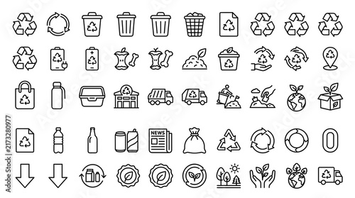 Quadro su tela Recycle Symbol and Trash Linear Icon Set with Editable Stroke Waste Bins, Materi