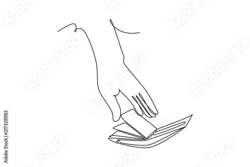 picking up lost wallet full of money banknotes on city street.Unexpected moment concept.Single line draw design.Vector graphic illustration