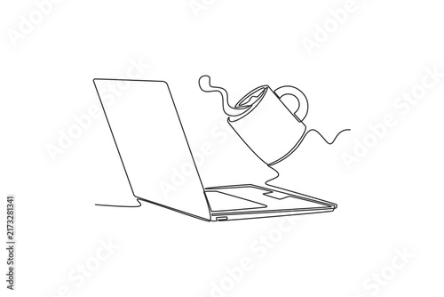 spilling tea onto a sleek laptop.Unexpected moment concept.Single line draw design.Vector graphic illustration