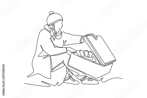 the girl found a suitcase with money.Unexpected moment concept.Single line draw design.Vector graphic illustration