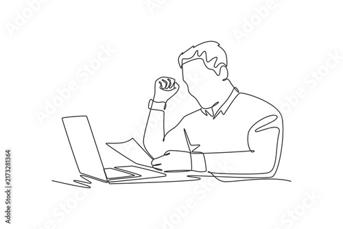 The man is happy to receive a job offer.Unexpected moment concept.Single line draw design.Vector graphic illustration