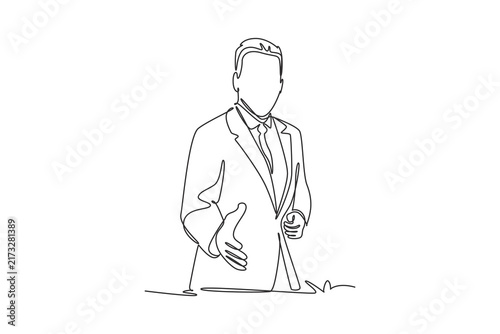 Was warmly welcomed by the manager on the first day of work.Unexpected moment concept.Single line draw design.Vector graphic illustration
