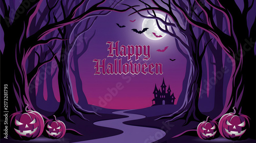 Spooky halloween background with haunted castle, scary pumpkins, and bats under a full moon
