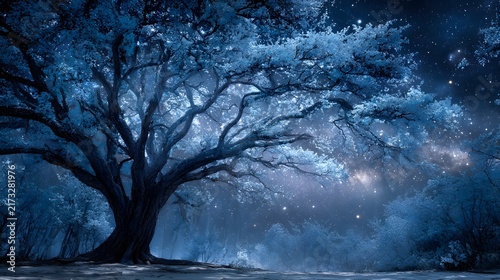 Glowing blue fantasy tree under starry night sky illustration background for book covers and digital wallpaper design.
