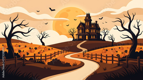 Spooky haunted house on a hill with pumpkins and bats under a full moon
