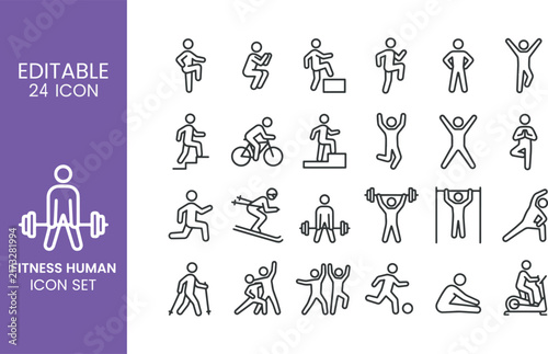 Fitness Human Icon Set Vector Line Art Icons of Workout Poses Exercise Stick Figures Gym Activity and Athletic Actions