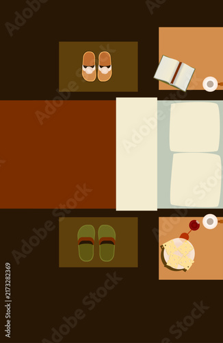 Bedroom interior top view vector illustration. Flat design cozy night scene with double bed, slippers, bedside tables, open book and wine glass.
