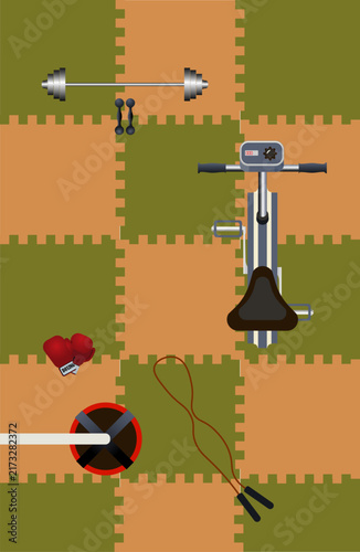 Home gym interior top view vector illustration. Flat design workout scene with exercise bike, barbell, dumbbells, jump rope and boxing gloves on puzzle mat.