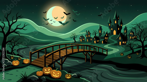 Spooky halloween landscape with a haunted castle, bridge, glowing pumpkins, and bats under a full moon