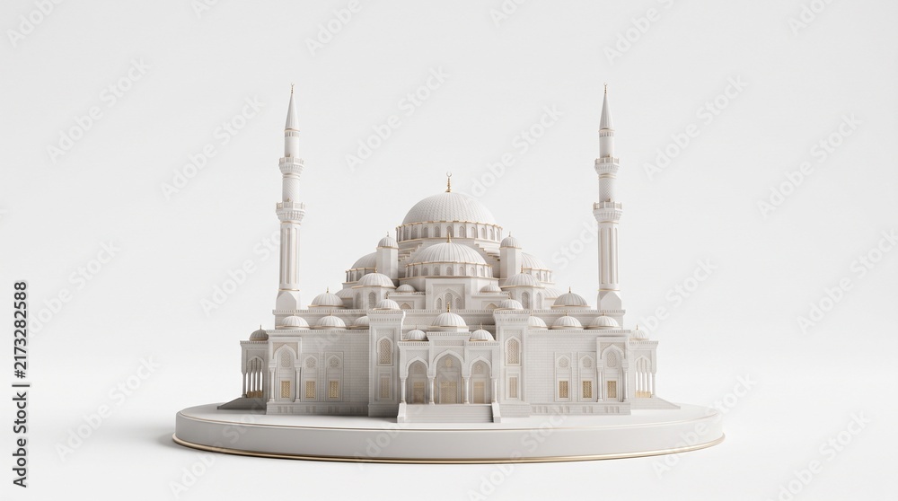 Naklejka premium Elegant White and Gold Mosque Model Isolated on White Background