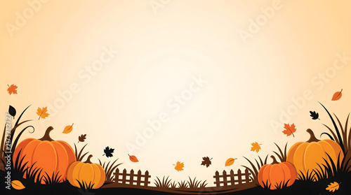 Autumn background with pumpkins, falling leaves, and a fence