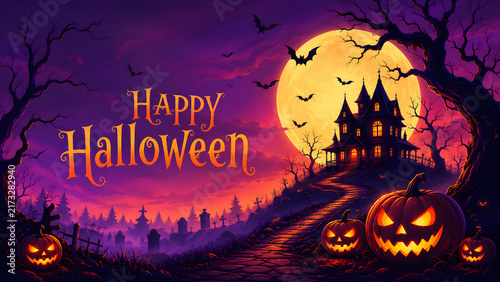 Spooky halloween background with haunted house, pumpkins, and full moon