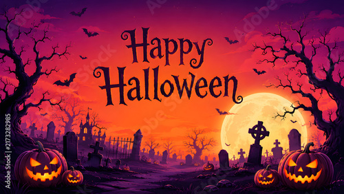 Spooky halloween background with pumpkins, graveyard, and full moon
