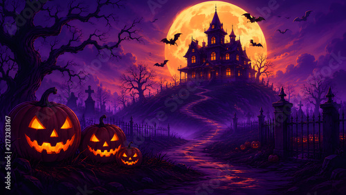 Spooky haunted house on a hill with jackolanterns and full moon halloween background