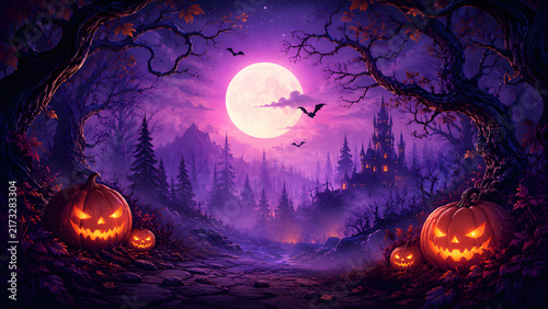 Spooky halloween night landscape with glowing jackolanterns and haunted castle