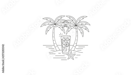 Minimalist outline drawing of a tall cocktail drink with ice and orange slice on a tropical beach between two palm trees.
