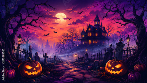 Spooky haunted house at night with glowing jackolanterns and full moon