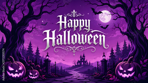 Spooky halloween background with haunted house, pumpkins, and full moon in purple forest