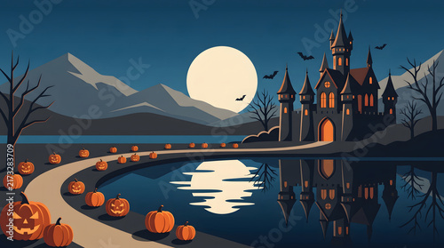Spooky halloween castle landscape with jackolanterns by a lake under a full moon