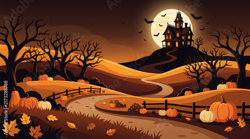 Spooky halloween landscape with haunted house on a hill, full moon, and pumpkin patch at night